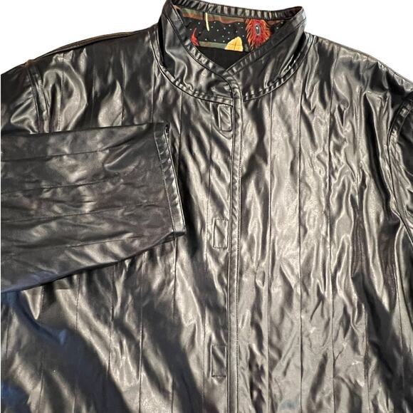 Vintage Koos Of Course! Black Feathers Reversible Vinyl & Polyester Jacket Large - Picture 10 of 16